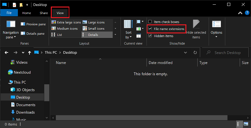 A screenshot demonstrating how file extensions can be shown